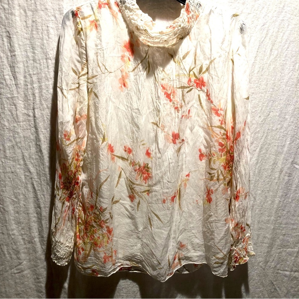 Elena Baldi Silk floral long sleeve lined ruffle neck blouse made in Italy L